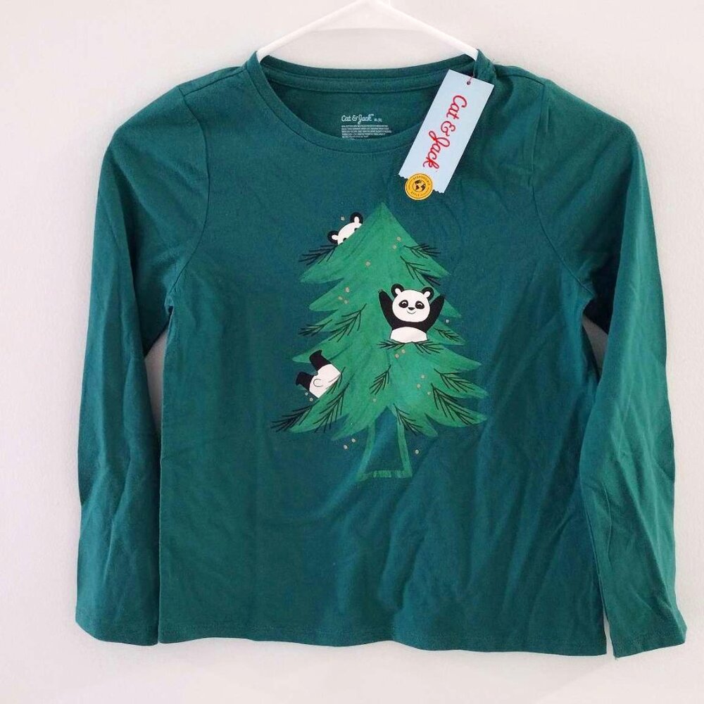 Cat & Jack Girl Green Long Sleeve Shirt Panda Bear Christmas